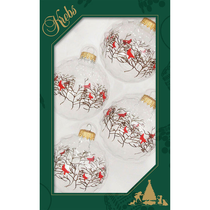 2 5/8" (67mm) Glass Ball Ornaments, Clear - Branches and Cardinals, 4/Box, 12/Case, 48 Pieces