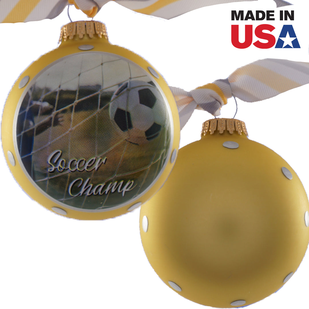 3 1/4" (80mm) Personalizable Hugs Specialty Gift Ornaments, Gold Velvet Ornament with Soccer Champ