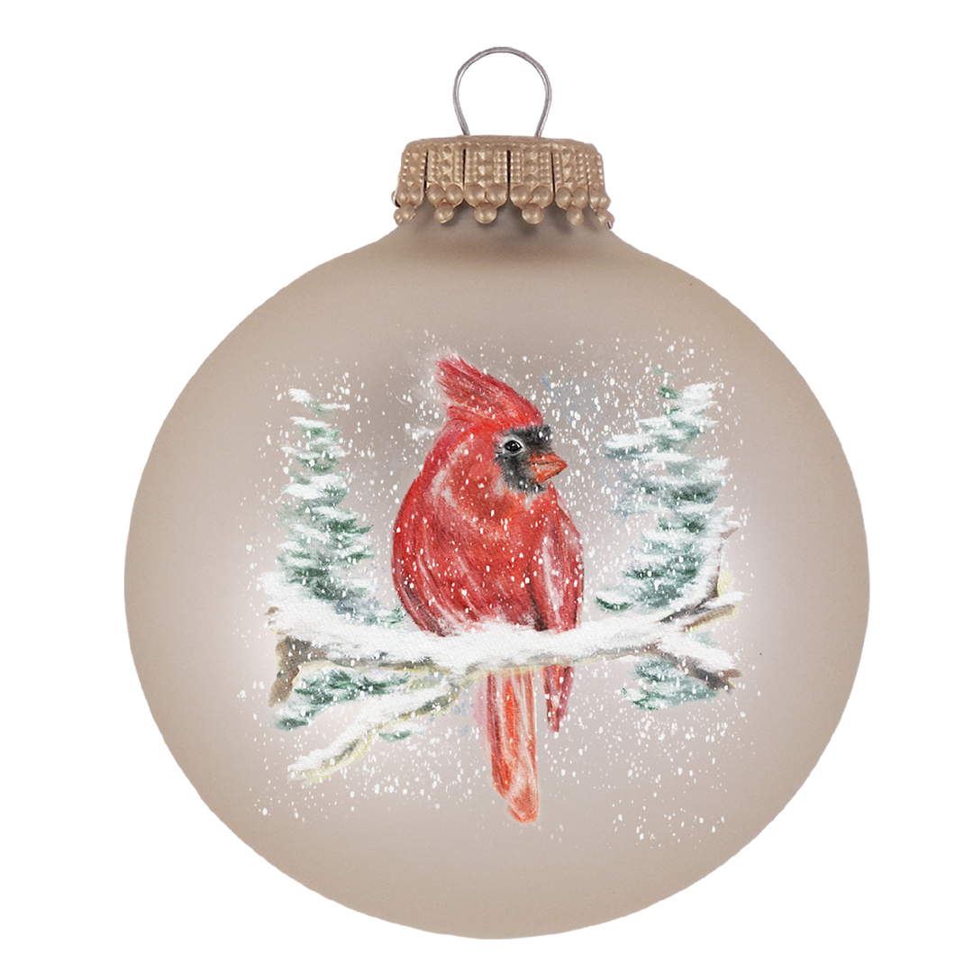 2 5/8" (67mm) Glass Ball Ornaments, Oyster Velvet - Watercolor Cardinal, 4/Box, 12/Case, 48 Pieces