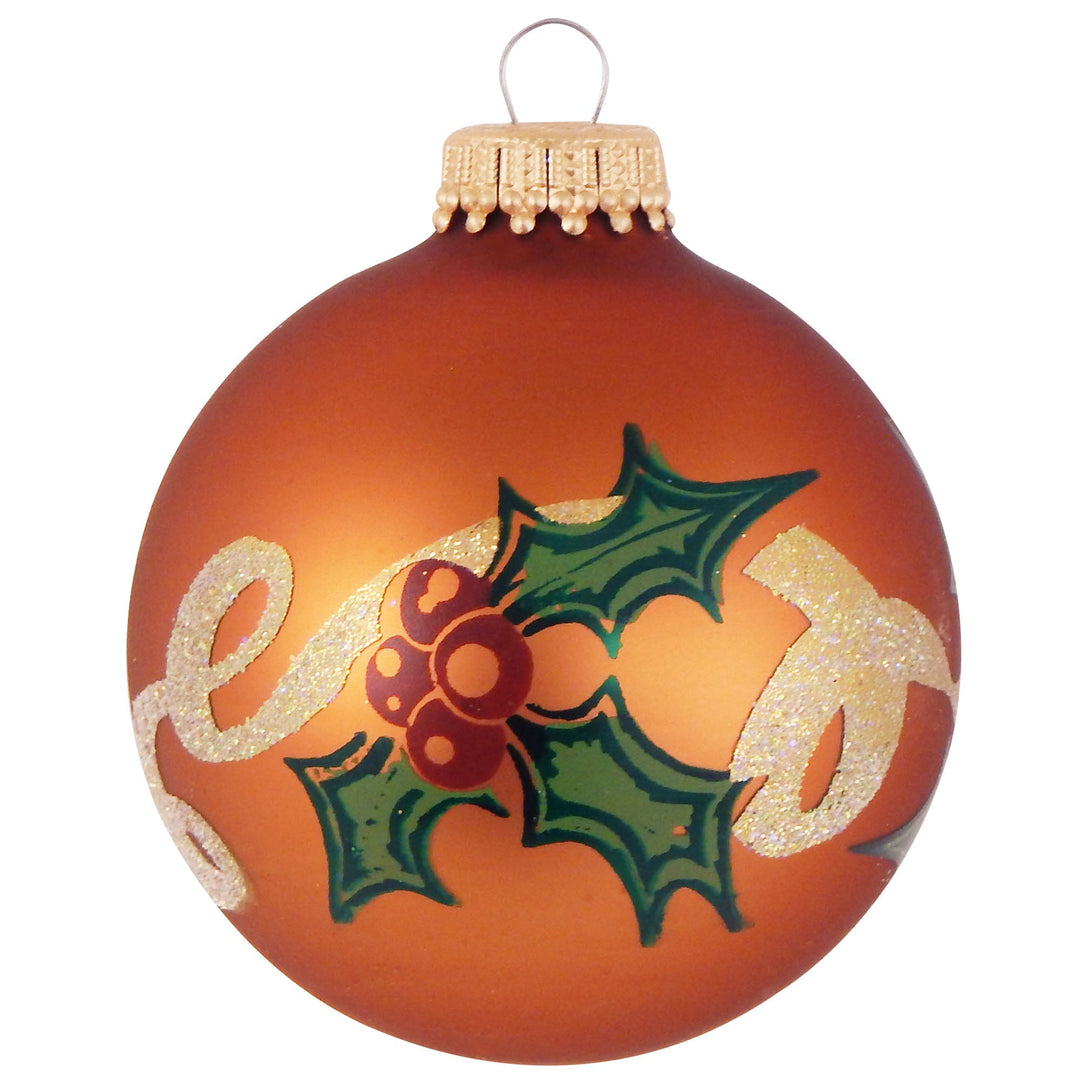 2 5/8" (67mm) Ball Ornaments Copper Shine with Holly and Ribbon, 4/Box, 12/Case, 48 Pieces