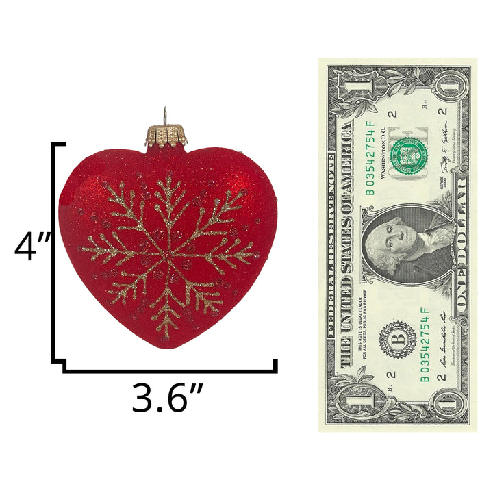 3.75" Christmas Night Red Hearts with snowflake, set of 2, Red matte/ Gold,  Figurine Ornaments, 2/Box, 6/Case, 12 Pieces