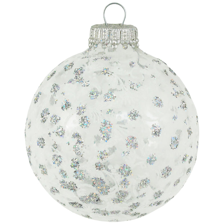 2 5/8" (67mm) Ball Ornaments, Lace and  Sparkles, Clear/White, 4/Box, 12/Case, 48 Pieces