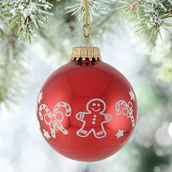 2 5/8" (67mm) Ball Ornaments Christmas Red with White Glitter Gingerbread and Candy Cane Band, 4/Box, 12/Case, 48 Pieces