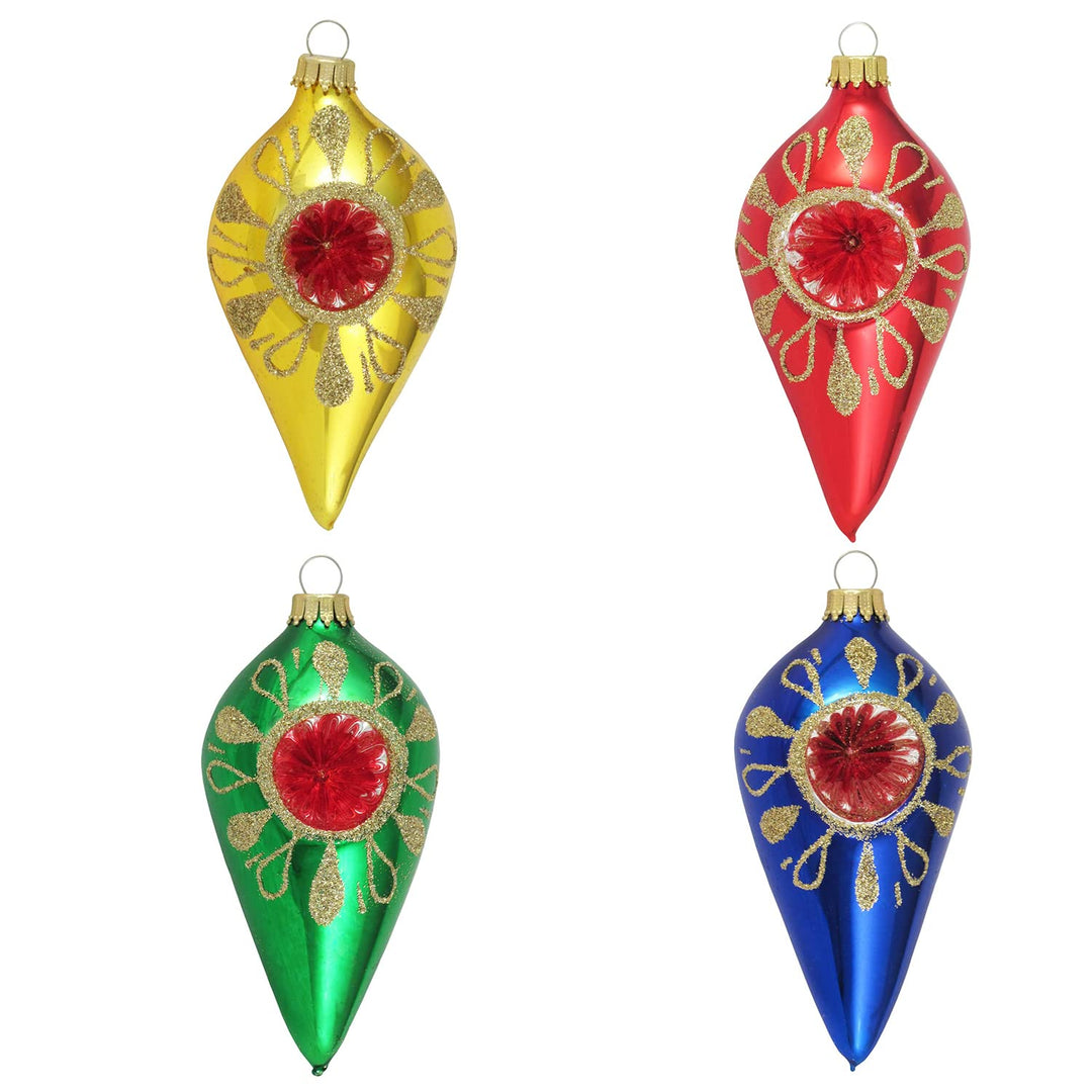 4" (100mm) Glass Finials, Traditional Colors with Red Reflectors adn Gold Caps, 12/Box, 4/Case, 48 Pieces