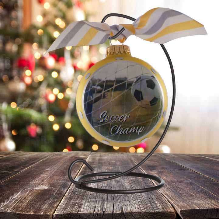 3 1/4" (80mm) Personalizable Hugs Specialty Gift Ornaments, Gold Velvet Ornament with Soccer Champ