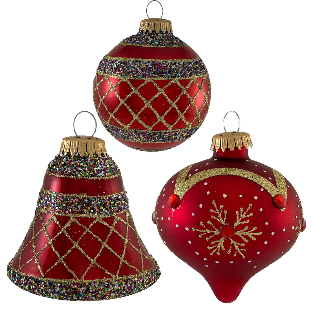 3 1/4" (80mm) Ball Ornaments Highly Decorated Set, Red/Gold, 9/Box, 6/Case, 54 Pieces