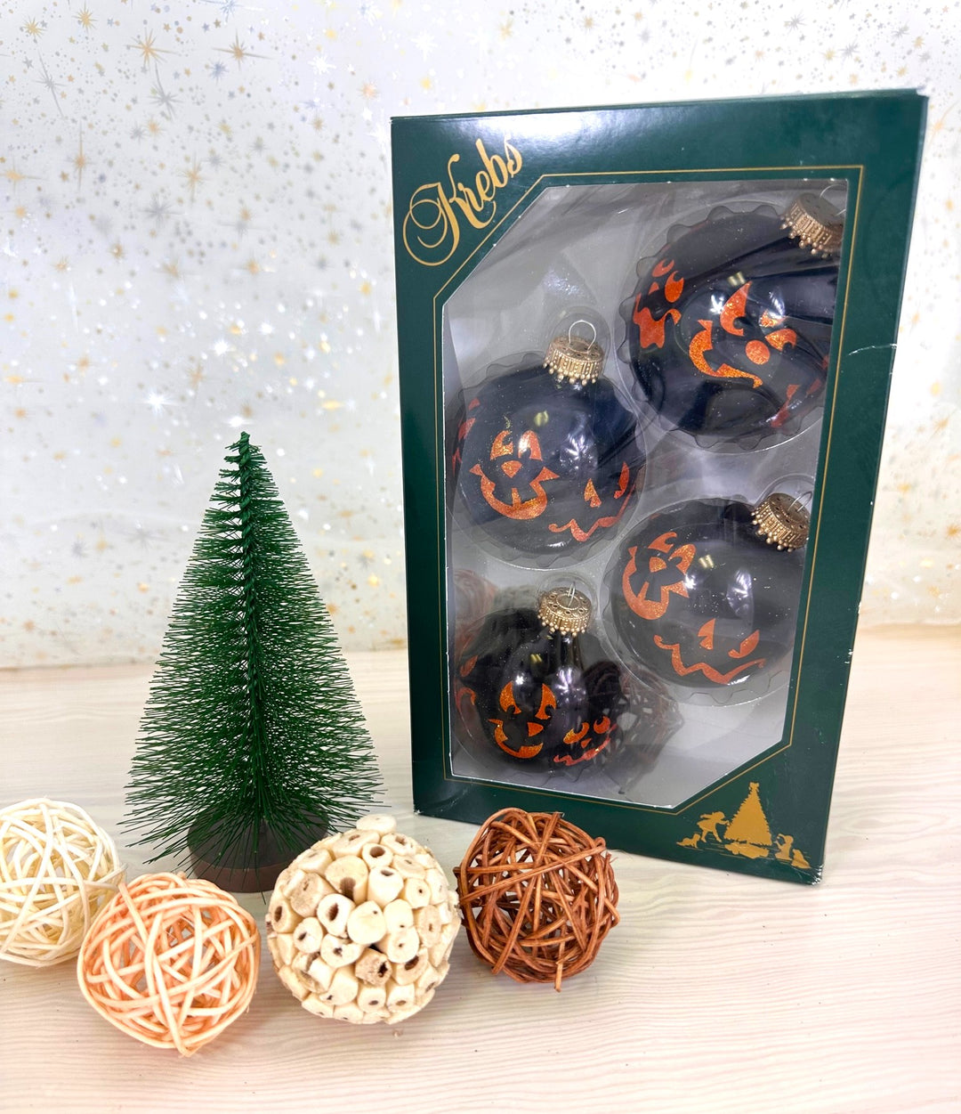 2 5/8" (67mm) Halloween Ball Ornaments Solid Ebony Shine with Scary Faces 4/Box, 12/Case, 48 Pieces