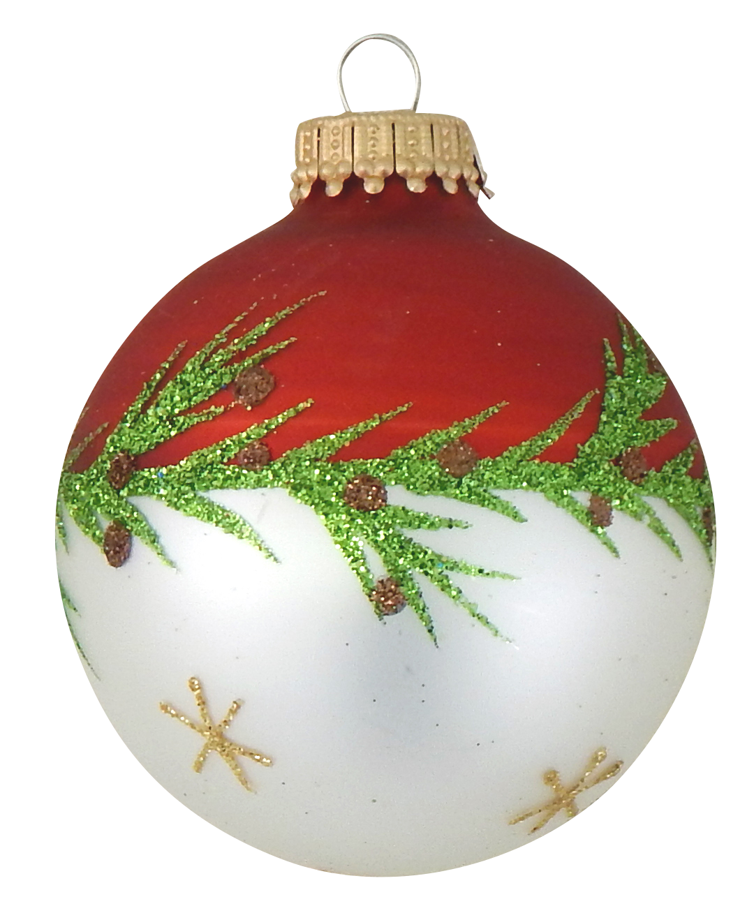 2 5/8" (67mm) Glass Balls /4" Drop Shape, Bi-Color Red Velvet / Silver Pearl with Pine Branches and Stars, 4/Box, 12/Case, 48 Pieces
