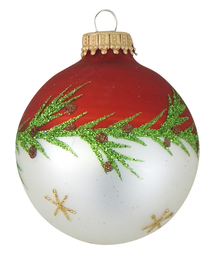 2 5/8" (67mm) Glass Balls /4" Drop Shape, Bi-Color Red Velvet / Silver Pearl with Pine Branches and Stars, 4/Box, 12/Case, 48 Pieces