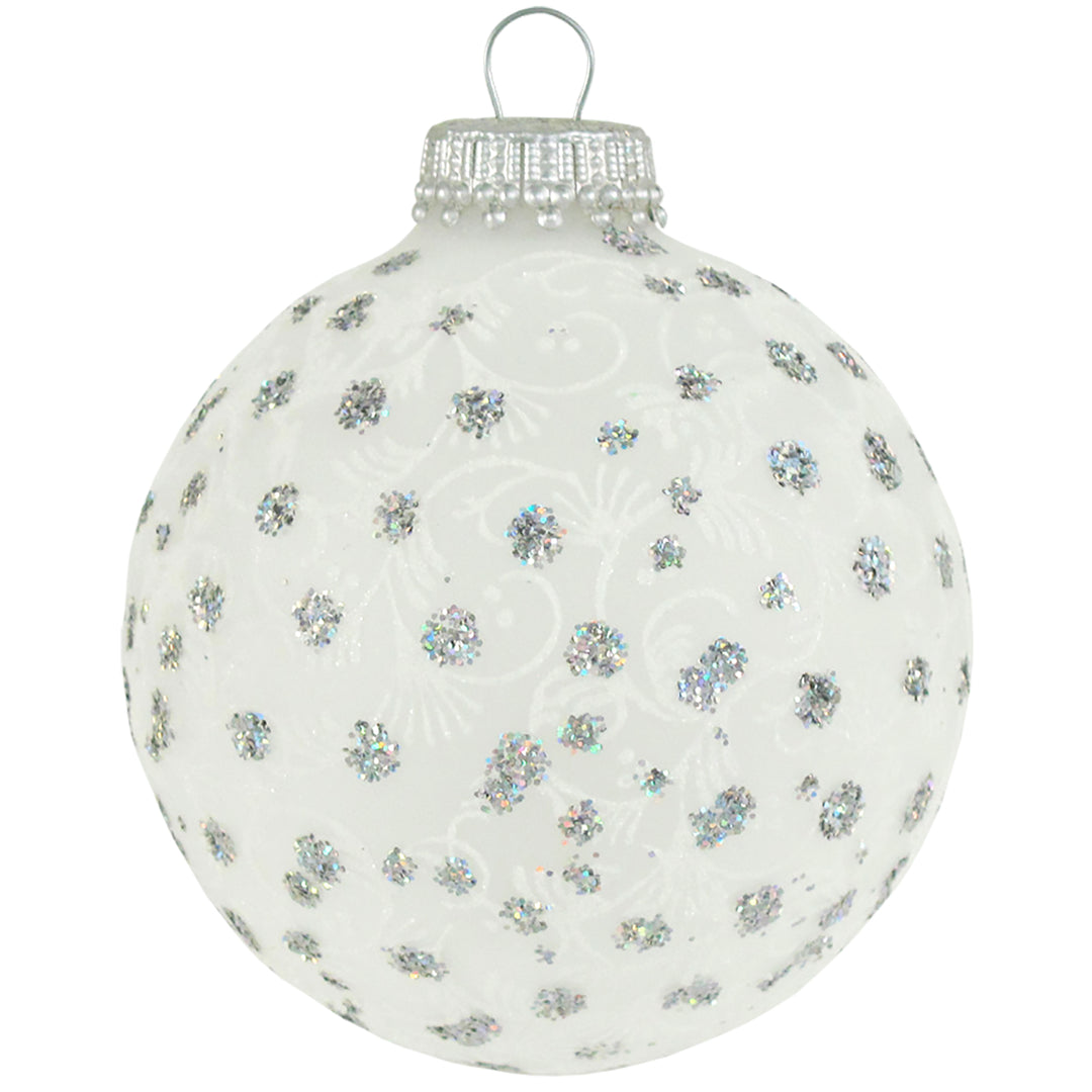 2 5/8" (67mm) Ball Ornaments, Lace and  Sparkles, Clear/White, 4/Box, 12/Case, 48 Pieces