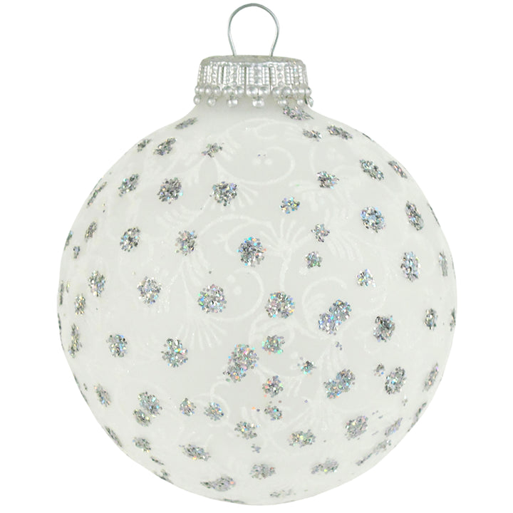 2 5/8" (67mm) Ball Ornaments, Lace and  Sparkles, Clear/White, 4/Box, 12/Case, 48 Pieces