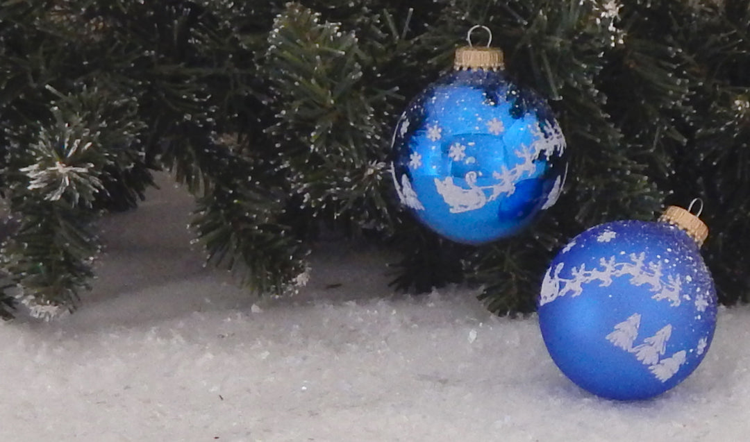 2 5/8" (67mm) Ball Ornaments Classic Blue Shine / Velvet with White Christmas Eve, 4/Box, 12/Case, 48 Pieces