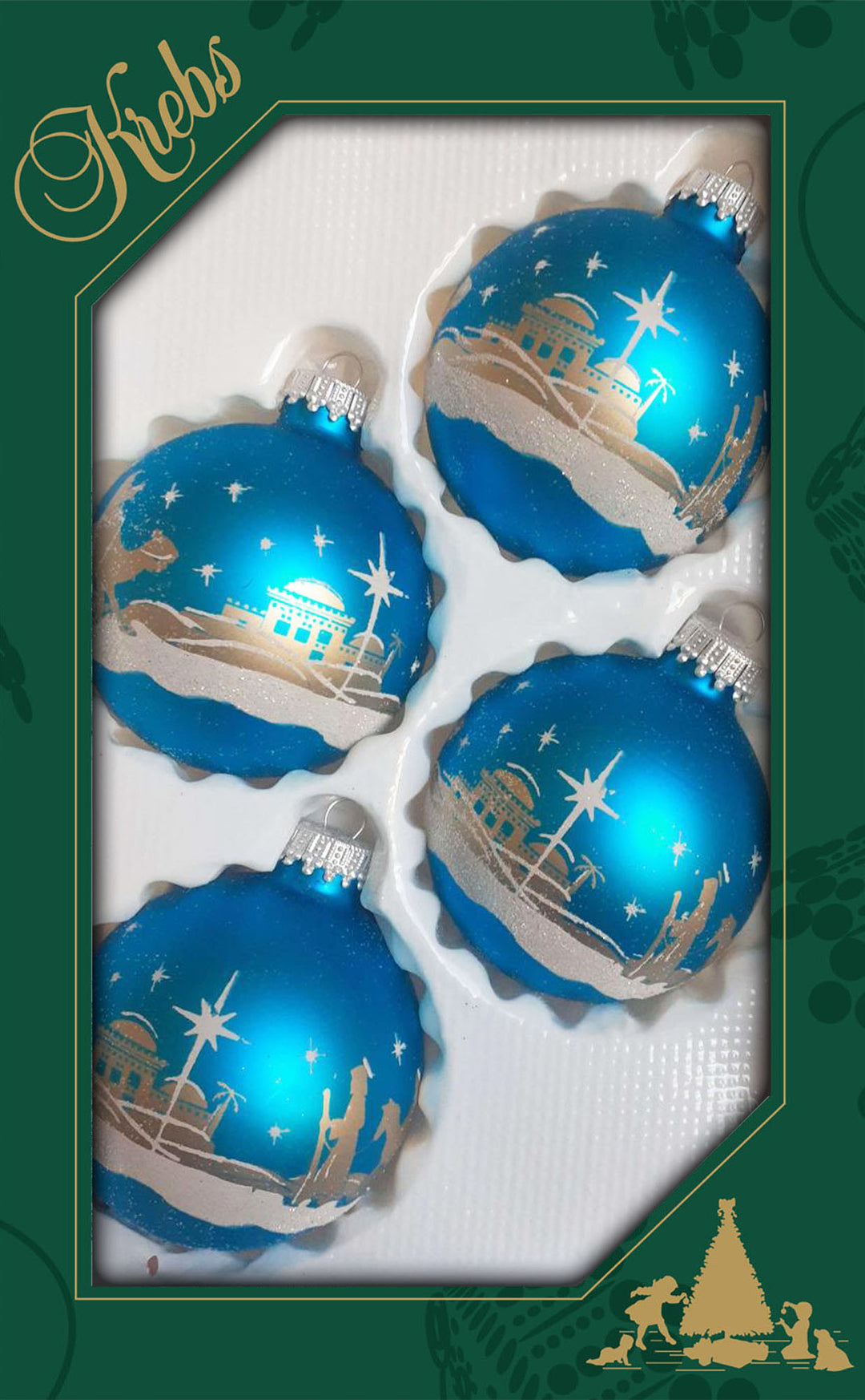 2 5/8" (67mm) Glass Ball Ornaments, Turquoise Bliss with Gold Ink / Glitter Bethlehem Scene, 4/Box, 12/Case, 48 Pieces