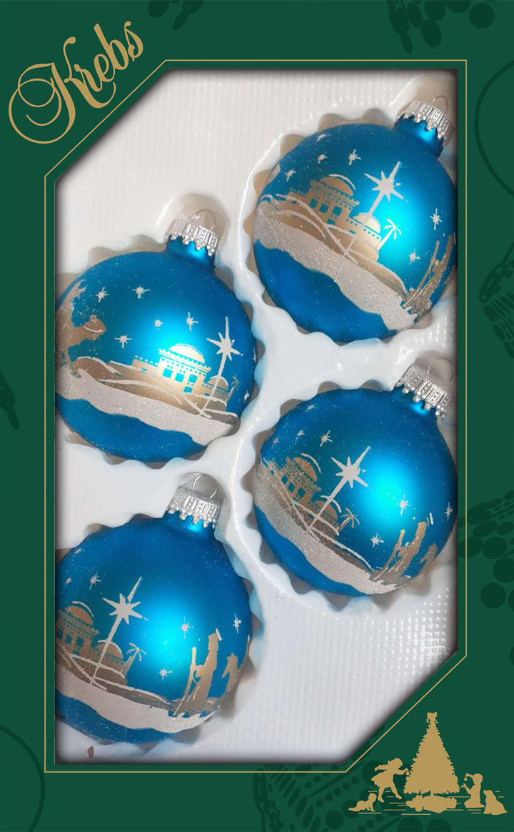 2 5/8" (67mm) Glass Ball Ornaments, Turquoise Bliss with Gold Ink / Glitter Bethlehem Scene, 4/Box, 12/Case, 48 Pieces
