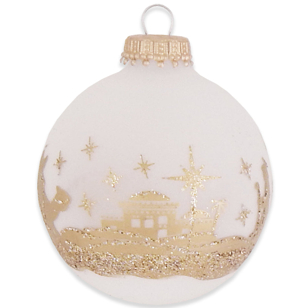 2 5/8" (67mm) Ball Ornaments Frost with Gold Bethlehem Scene, 4/Box, 12/Case, 48 Pieces