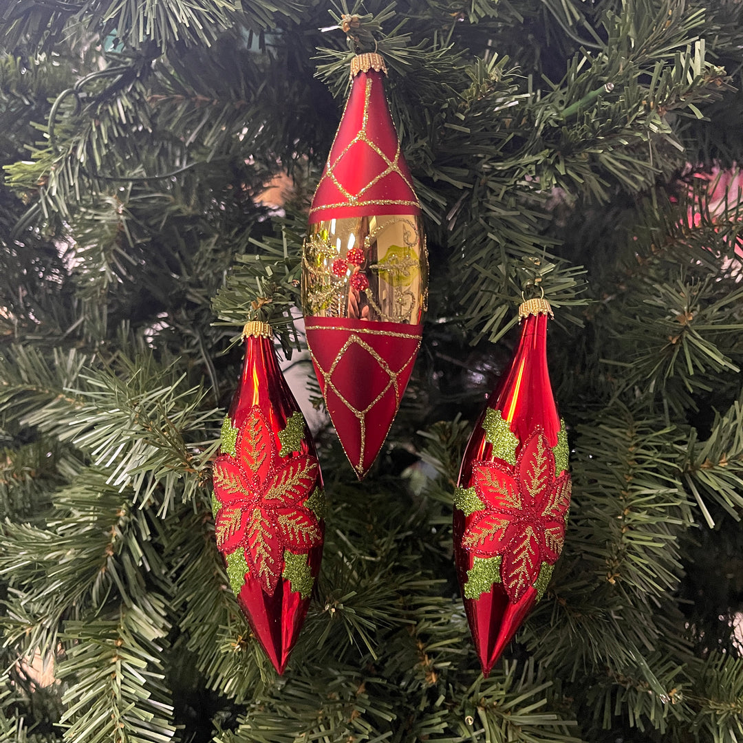 5.6" (15cm) Poinsettia & Berries Glass Finial, set of 3, Shinny & Matte Red,  Figurine Ornaments, 3/Box, 8/Case, 24 Pieces