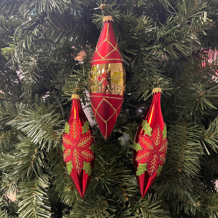 5.6" (15cm) Poinsettia & Berries Glass Finial, set of 3, Shinny & Matte Red,  Figurine Ornaments, 3/Box, 8/Case, 24 Pieces