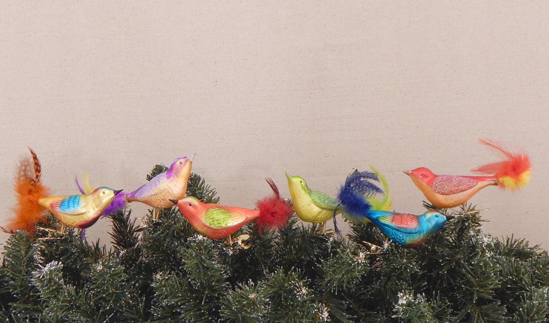 6 1/2" (165mm) Colorful Clip-On Bird Figurine Ornaments, 3/Box, 12/Case, 36 Pieces