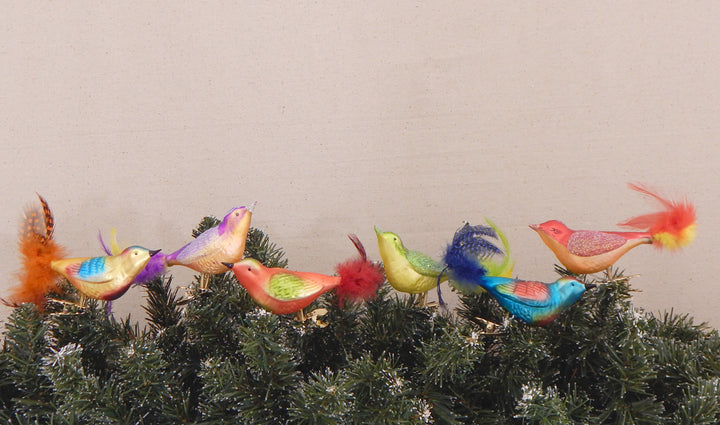 6 1/2" (165mm) Colorful Clip-On Bird Figurine Ornaments, 3/Box, 12/Case, 36 Pieces