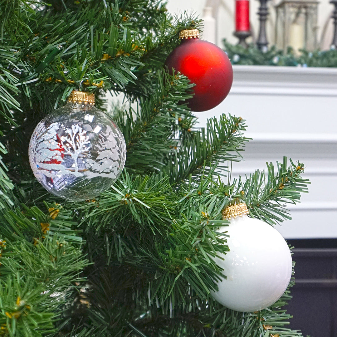 2 5/8" (67mm) Ball Ornaments, Red/White Glass Ball with Reverse Print Cardinal Variety Set, 12/Box, 12/Case, 144 Pieces