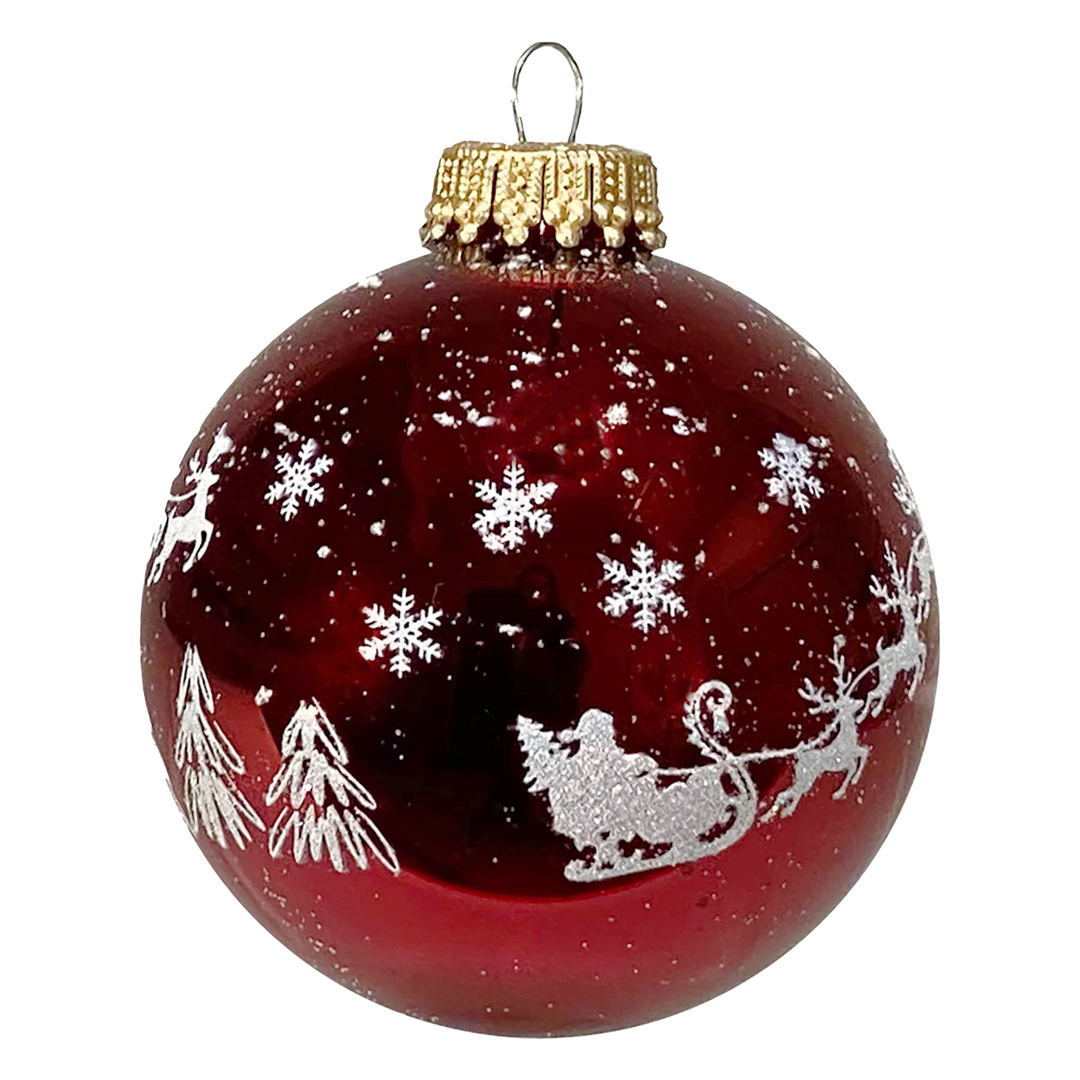 2 5/8" (67mm) Glass Ball Ornaments, Christmas Red with White Glitter Christmas Eve & Sugar Glitter Spritz, 4/Box, 12/Case, 48 Pieces