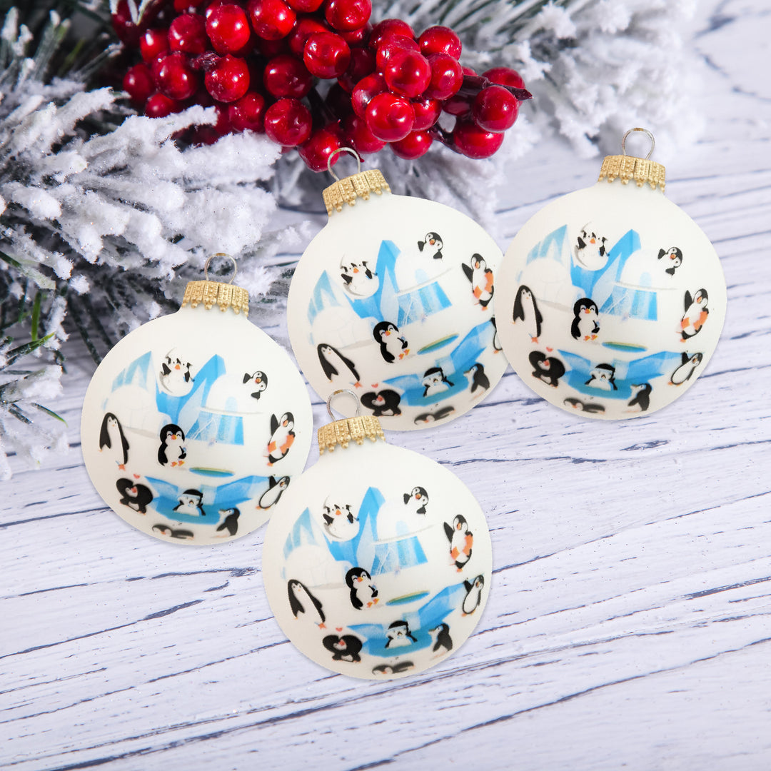 2 5/8" (67mm) Glass Ball Ornaments, White Velvet - Penguins , 4/Box, 12/Case, 48 Pieces