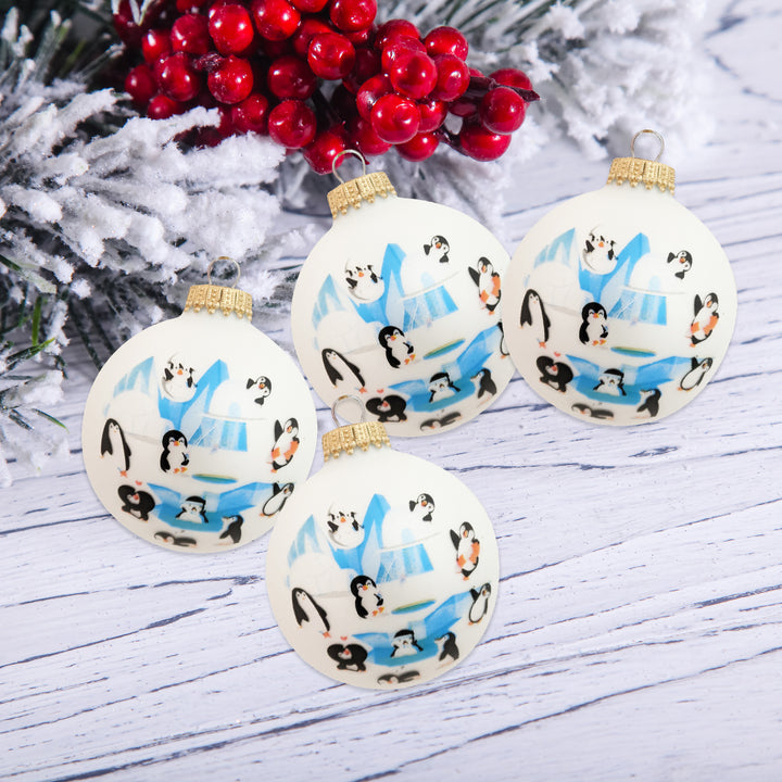 2 5/8" (67mm) Glass Ball Ornaments, White Velvet - Penguins , 4/Box, 12/Case, 48 Pieces