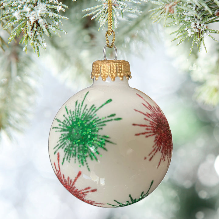 2 5/8" (67mm) Glass Ball Ornaments, Porcelain White with Green and Red Starlight with Gold Crown Cap, 4/Box, 12/Case, 48 Pieces