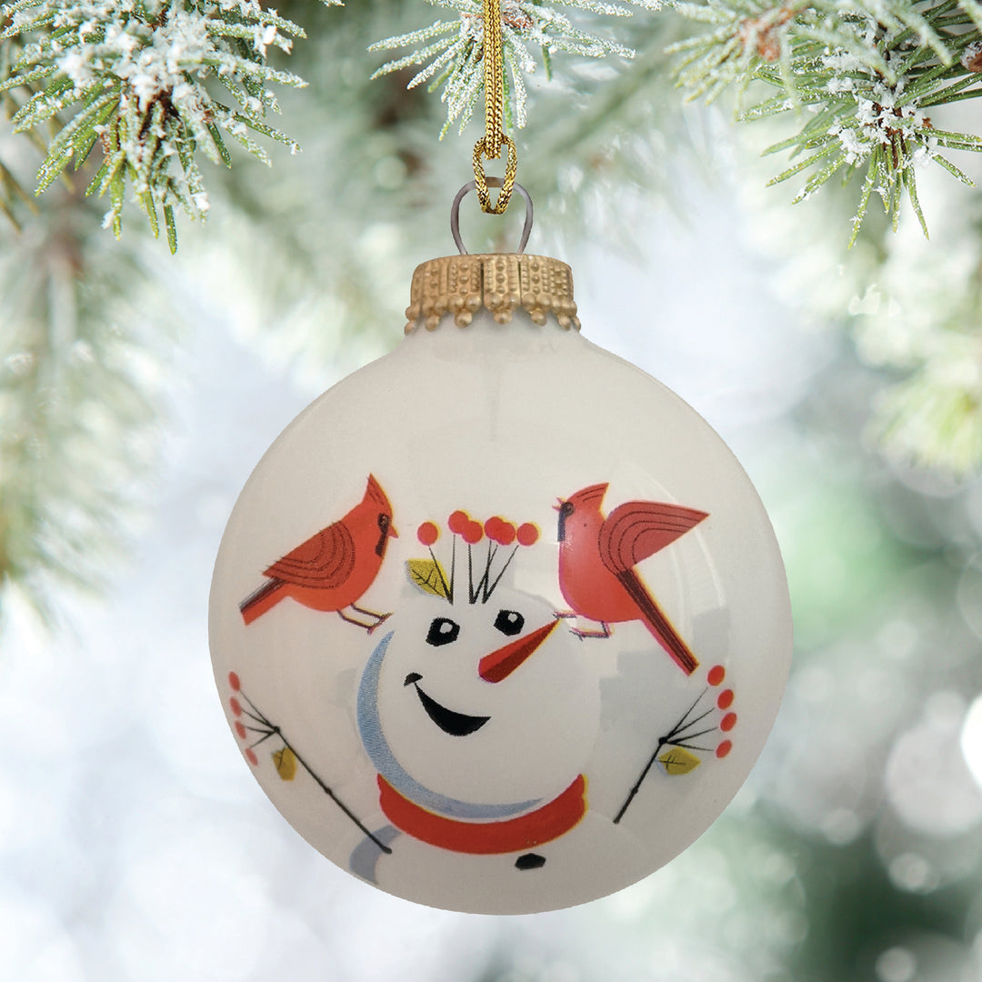 2 5/8" (67mm) Glass Ball Ornaments, Porcelain White - Snowman and Red Cardinals, 4/Box, 12/Case, 48 Pieces
