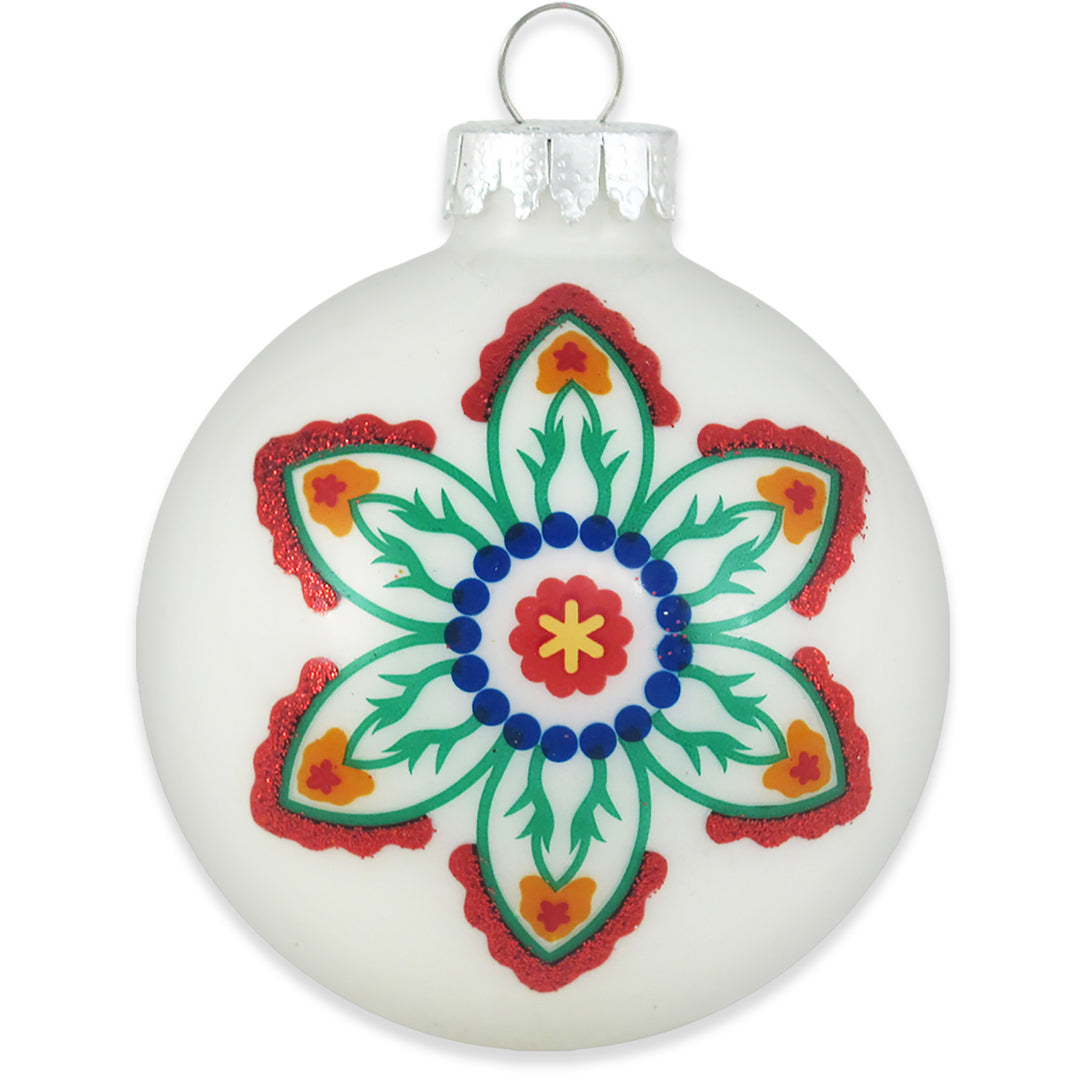 2 5/8" (67mm) Ball Ornaments Porcelain White with Large Flower, 4/Box, 12/Case, 48 Pieces
