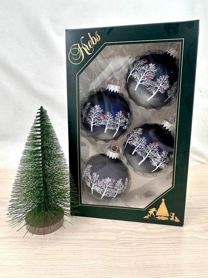 2 5/8" (67mm) Ball Ornaments Bi-Color Midnight Haze / Silver Pearl with Trees & Cardinals, 4/Box, 12/Case, 48 Pieces
