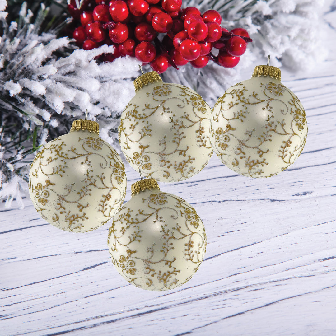2 5/8" (67mm) Glass Ball Ornaments, Classic Antique Velvet with Gold Glitterlace, 4/Box, 12/Case, 48 Pieces