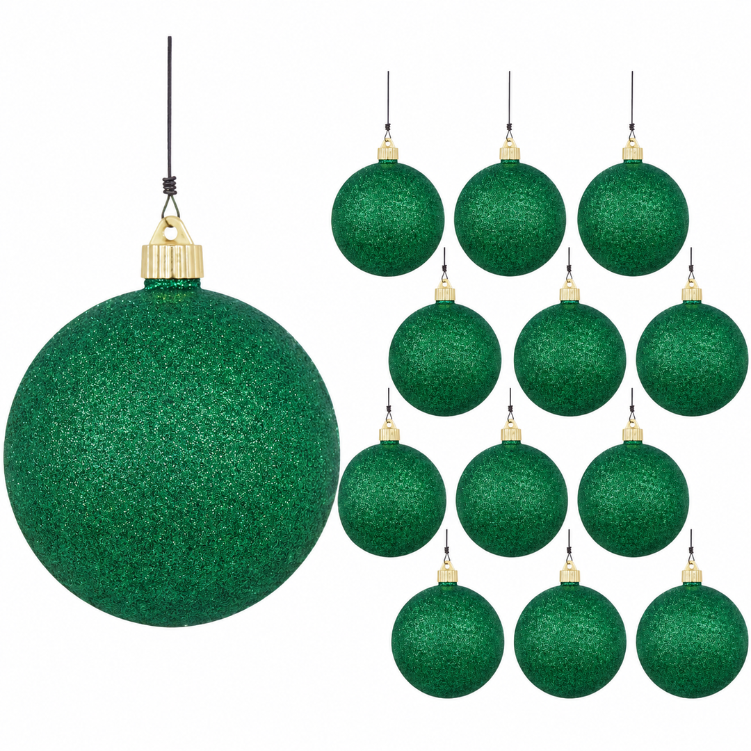 6" (150mm) Giant Commercial Pre-Wired Shatterproof Ball Ornament, Emerald Glitter, Case, 12 Pieces