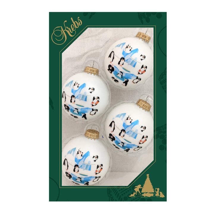 2 5/8" (67mm) Glass Ball Ornaments, White Velvet - Penguins , 4/Box, 12/Case, 48 Pieces