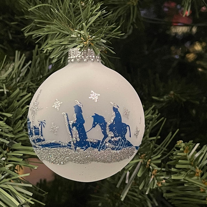 2 5/8" (67mm) Ball Ornaments Frost with Blue / Silver Bethlehem Scene, 4/Box, 12/Case, 48 Pieces