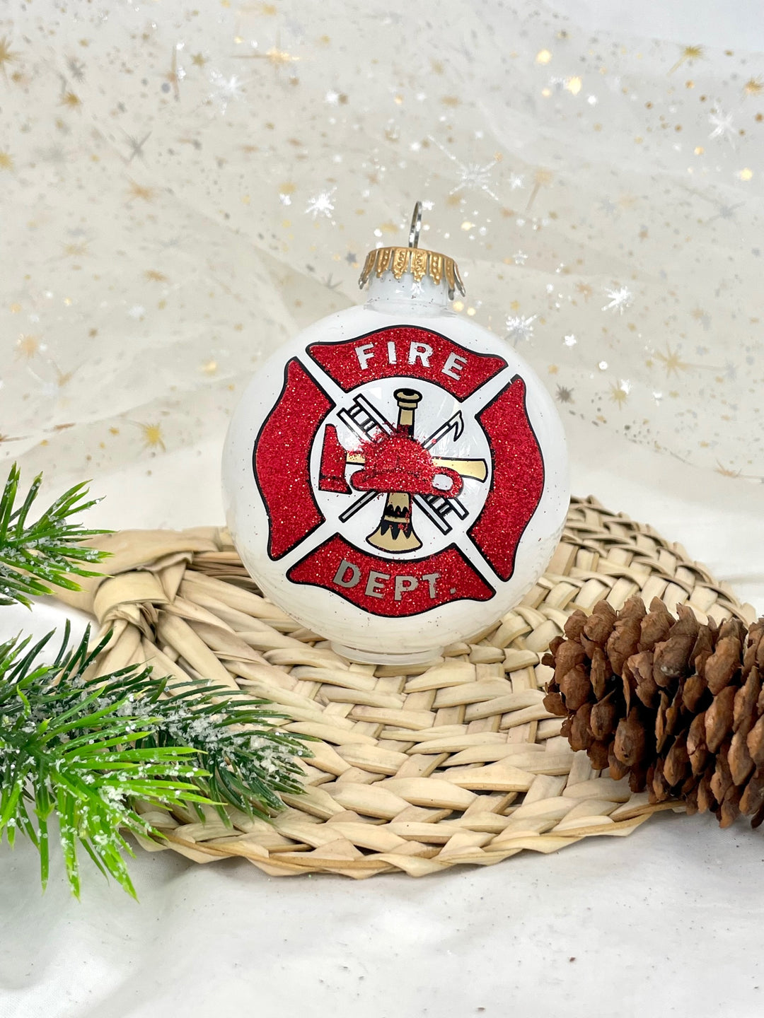 3 1/4" (80mm) Porcelain White Fire Department Logo Ornament Designer Seamless Glass Ball, 1/Box, 12/Case, 12 Pieces