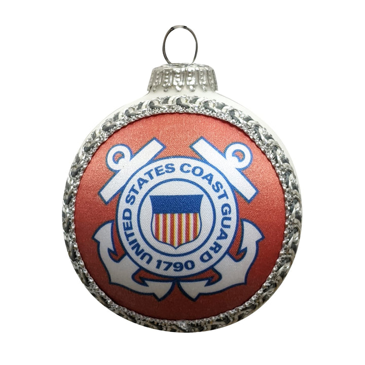 3 1/4" (80mm) Glass Ball Ornaments, White Satin - Silk Coast Guard Logo and Hymn, 1/Box, 12/Case, 12 Pieces