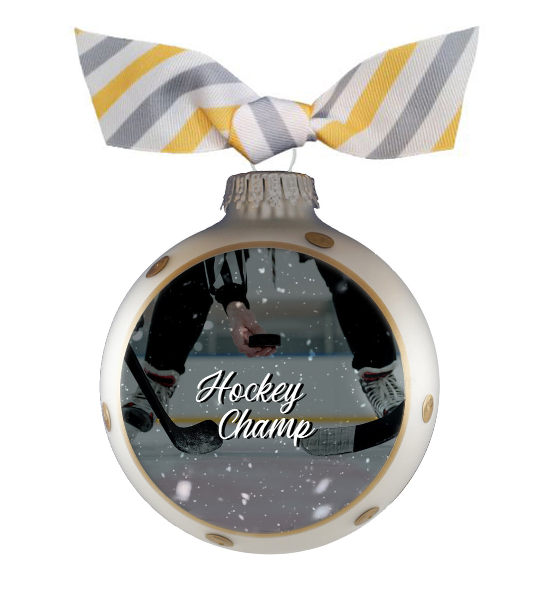 3 1/4" (80mm) Personalizable Hugs Specialty Gift Ornaments, Silver Pearl Ornament with Hockey Champ