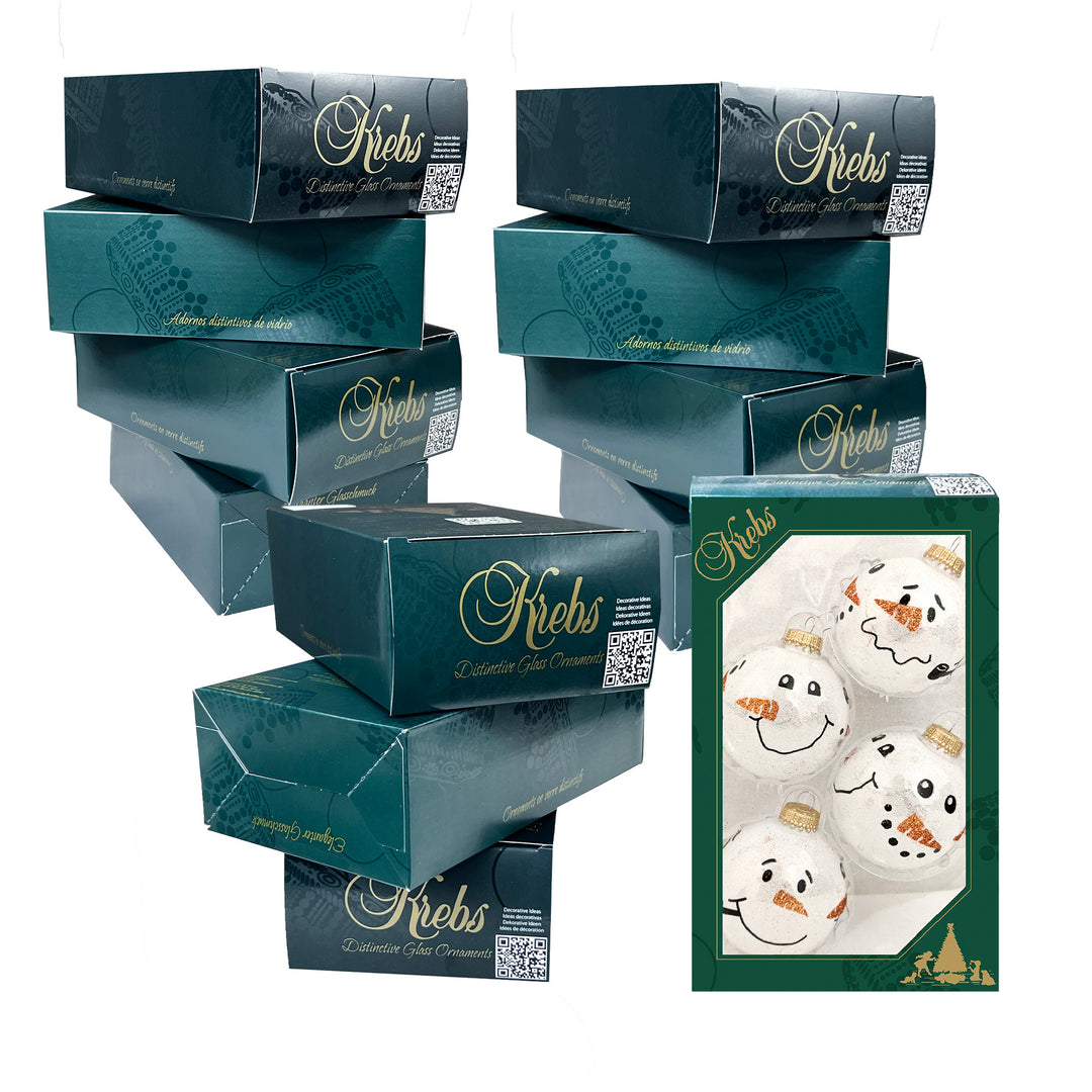 2 5/8" (67mm) Glass Ball Ornaments, Snow Sparkel with Snowman Faces, 4/Box, 12/Case, 48 Pieces