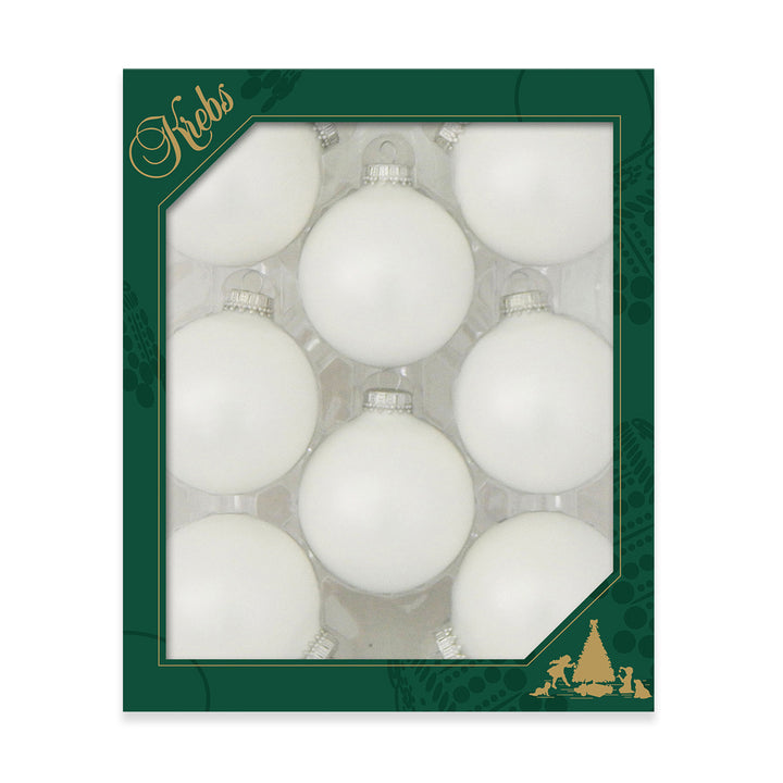 2 5/8" (67mm) Ball Ornaments, Silver Caps, White Satin, 8/Box, 12/Case, 96 Pieces