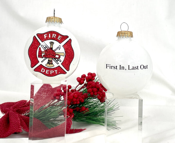 3 1/4" (80mm) Porcelain White Fire Department Logo Ornament Designer Seamless Glass Ball, 1/Box, 12/Case, 12 Pieces
