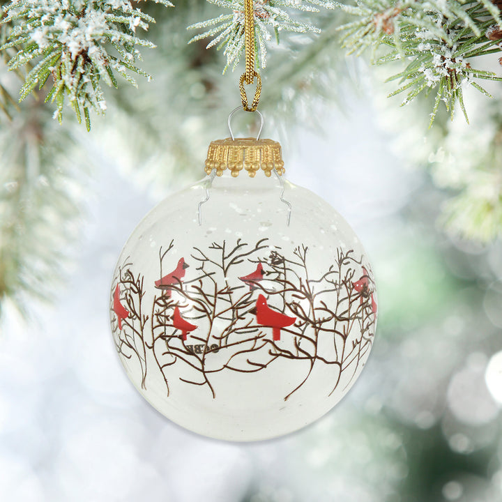 2 5/8" (67mm) Glass Ball Ornaments, Clear - Branches and Cardinals, 4/Box, 12/Case, 48 Pieces