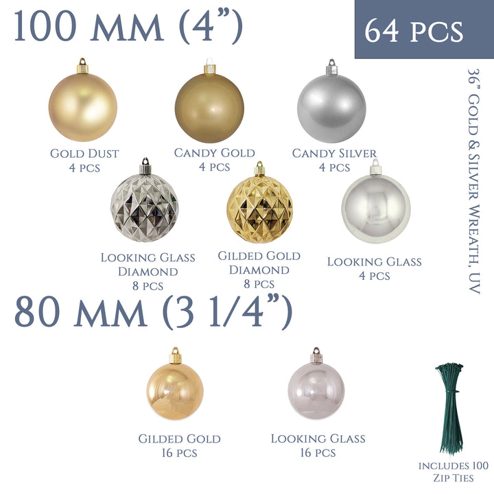 Christmas By Krebs Shatterproof Wreath Decorating Kits - ORNAMENTS ONLY - UV and Weather Resistant (Gold & Silver - UV, 36 Inch - 64 Ornaments)