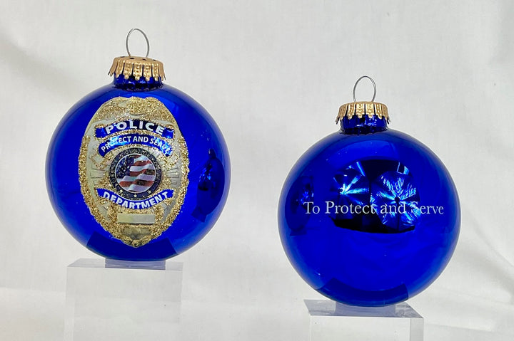 3 1/4" (80mm) Victoria Blue Glass Ball Ornaments, First Responder Police Logo, 1/Box, 12/Case, 12 Pieces