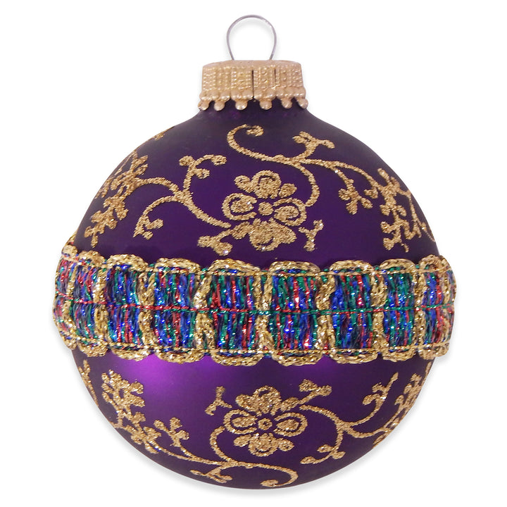 2 5/8" (67mm) Ball Ornaments Magenta Purple / Plum Velvet, Glitterlace and Braid, 4/Box, 12/Case, 48 Pieces