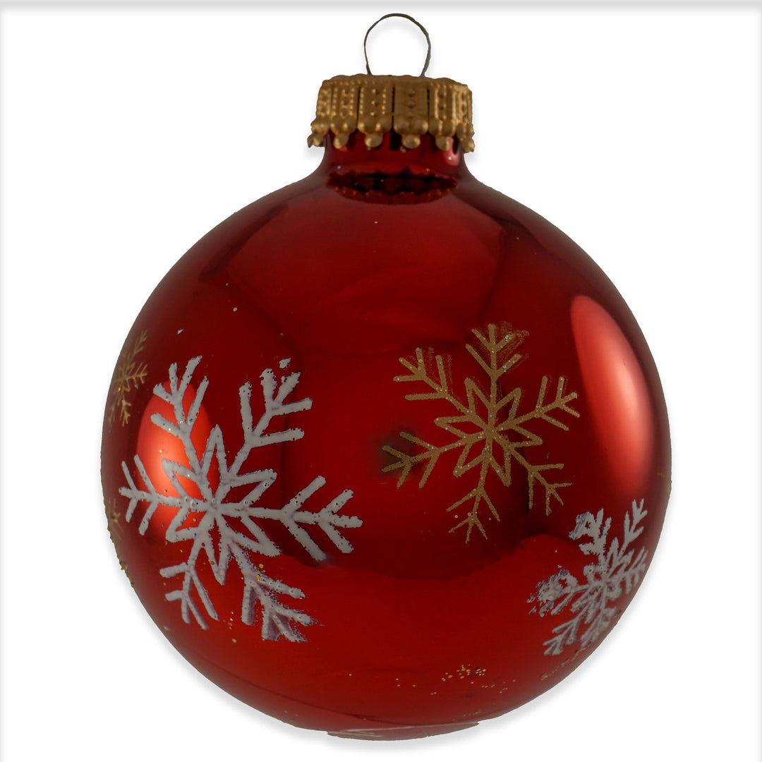 2 5/8" (67mm) Ball Ornaments, Red/Snow Sparkle with White / Gold Basic Flakes Variety Set, 12/Box, 12/Case, 144 Pieces