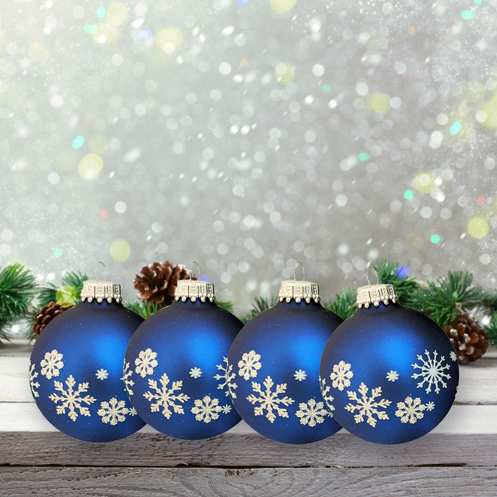 2 5/8" (67mm) Glass Ball Ornaments, Midnight Haze with White Snowflakes, 4/Box, 12/Case, 48 Pieces