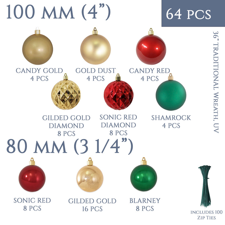 Christmas By Krebs Shatterproof Wreath Decorating Kits - ORNAMENTS ONLY - UV and Weather Resistant (Traditional - UV, 30 Inch - 48 Ornaments)