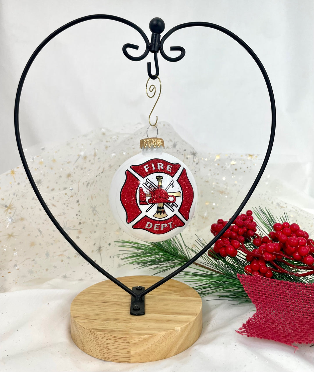 3 1/4" (80mm) Porcelain White Fire Department Logo Ornament Designer Seamless Glass Ball, 1/Box, 12/Case, 12 Pieces