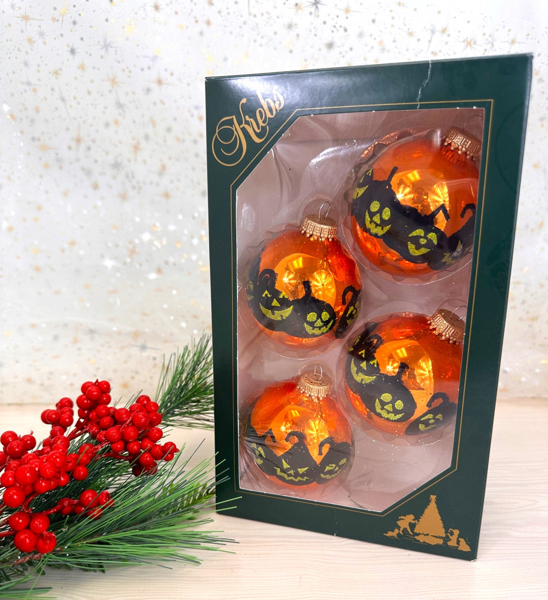 2 5/8" (67mm) Halloween Ball Ornaments Solid Orange Crush with Jack-O-Lanterns 4/Box, 12/Case, 48 Pieces